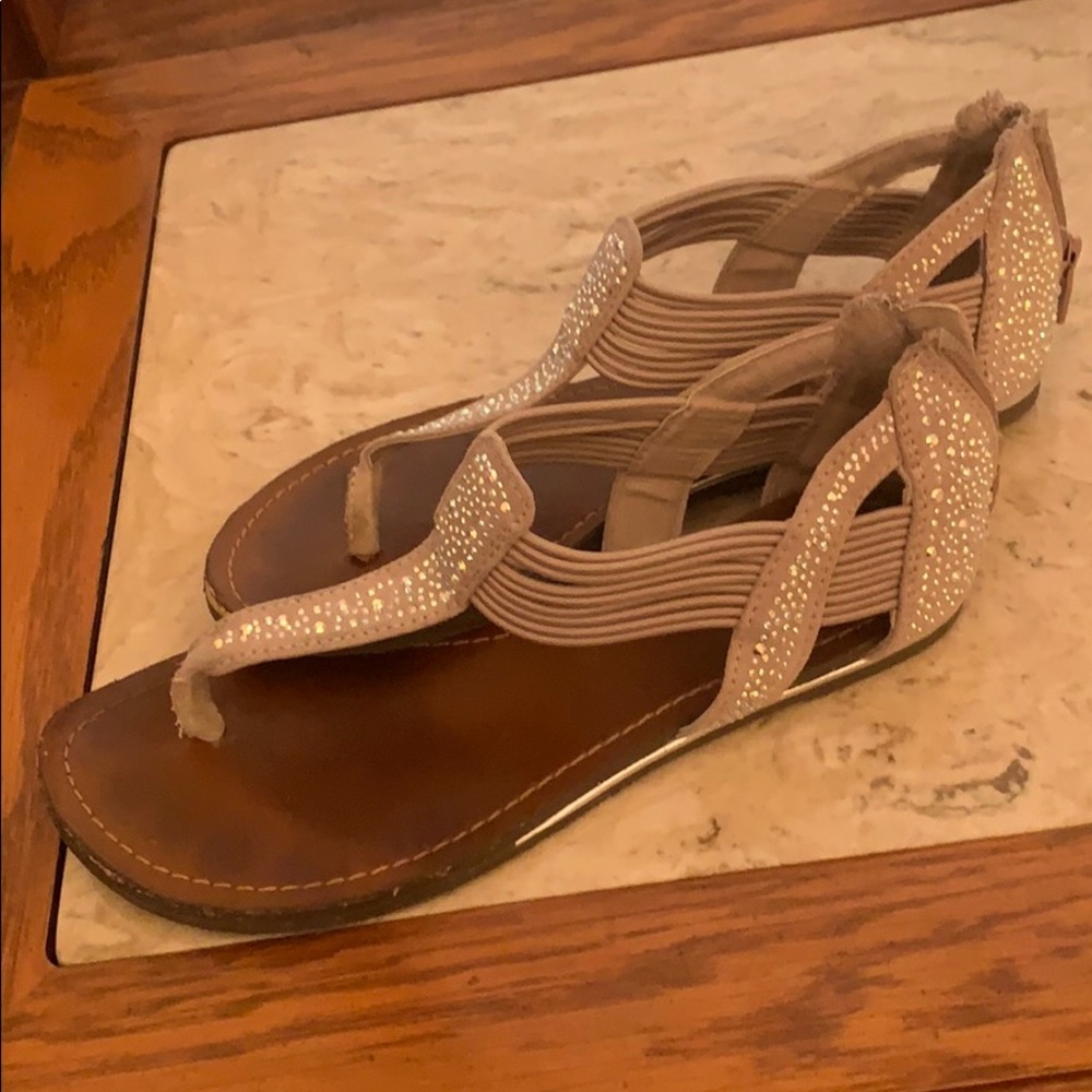Bejeweled light gray/purple/nude colored sandals